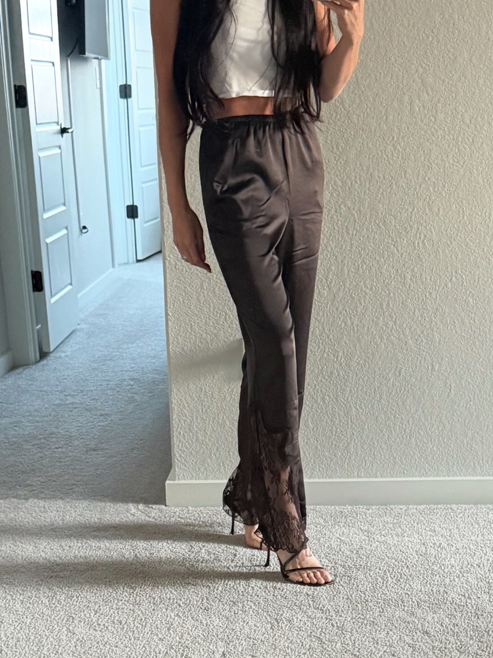NWT Dark Brown Lace-Trim Relaxed Leg Pants (Small)